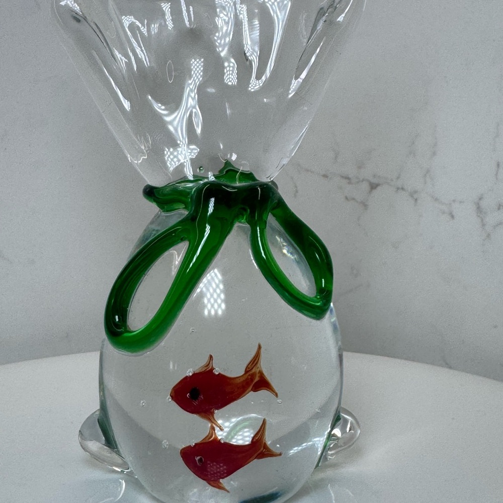 Dynasty Gallery Hand-Blown Art Glass Goldfish in a Bag Figurine